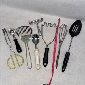 Lot of 8 Vintage Kitchen Items Tongs, Slotted Spoons, Ice Cream Scoop, Whisk etc